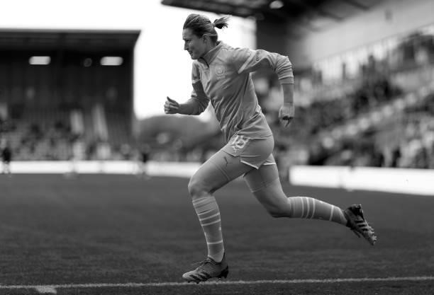 Ellen White of Manchester City warms up ahead of the Barclays FA Women's Super League match between Manchester United Women and Manchester City Women...