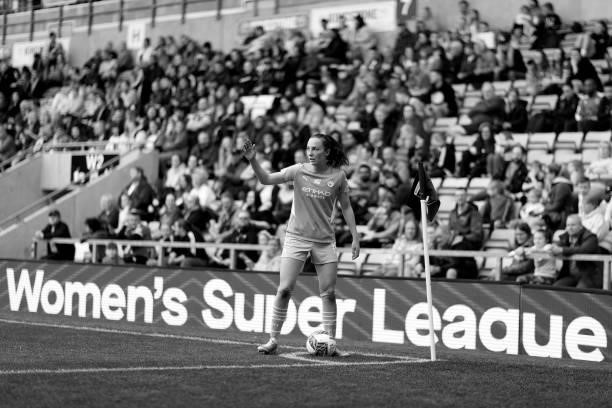 Caroline Weir of Manchester City prepares to take a corner kick during the Barclays FA Women's Super League match between Manchester United Women and...