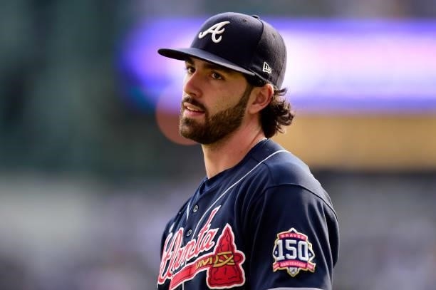 Dansby Swanson of the Atlanta Braves looks on prior to game 2 of the National League Division Series against the Milwaukee Brewers at American Family...