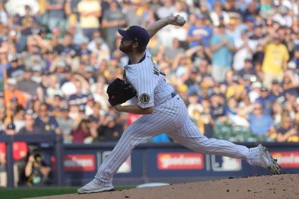 Brandon Woodruff of the Milwaukee Brewers pitches in the first inning during game 2 of the National League Division Series against the Atlanta Braves...