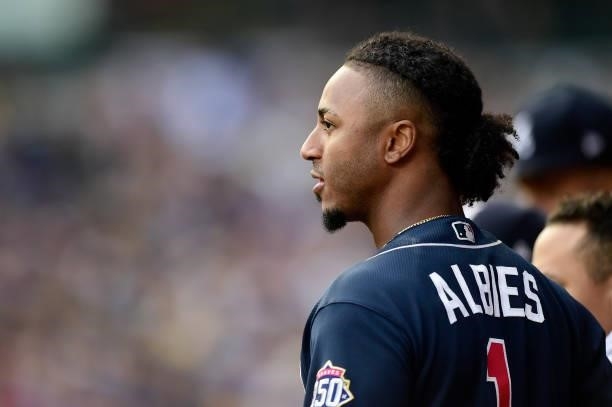 Ozzie Albies of the Atlanta Braves looks on in the second inning during game 2 of the National League Division Series against the Milwaukee Brewers...