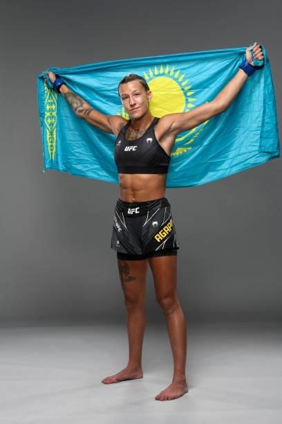 Mariya Agapova of Kazakhstan poses for a portrait backstage during the UFC Fight Night event at UFC APEX on October 09, 2021 in Las Vegas, Nevada.