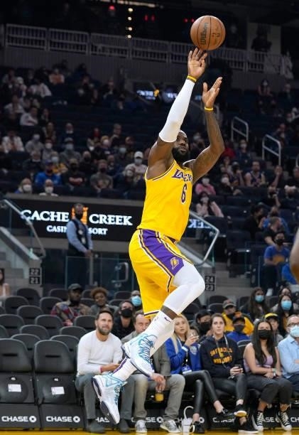 LeBron James of the Los Angeles Lakers shoots against the Golden State Warriors at Chase Center on October 08, 2021 in San Francisco, California....