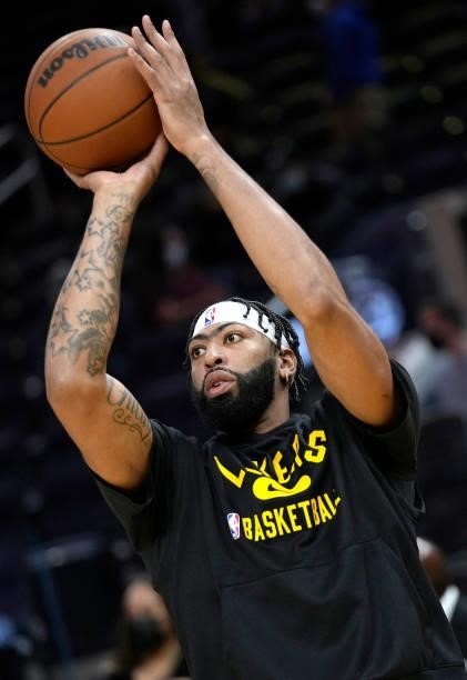 Anthony Davis of the Los Angeles Lakers warms up prior to the start of the game against the Golden State Warriors at Chase Center on October 08, 2021...