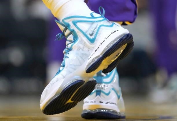 Detailed view of the basketball shoes worn by LeBron James of the Los Angeles Lakers against the Golden State Warriors at Chase Center on October 08,...