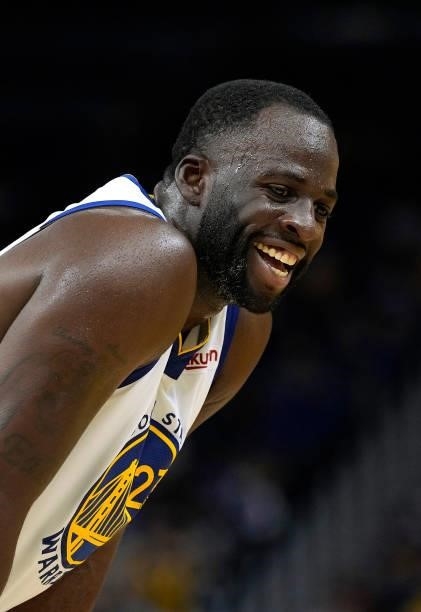 Draymond Green of the Golden State Warriors looks on against the Los Angeles Lakers at Chase Center on October 08, 2021 in San Francisco, California....