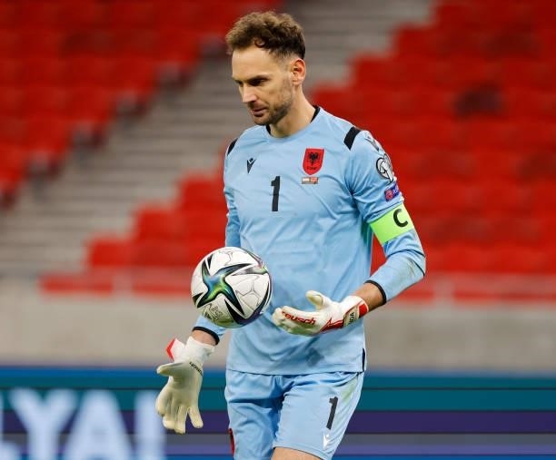 Etrit Berisha of Albania controls the ball during the FIFA World Cup 2022 Qatar Qualifier match between Hungary and Albania at Puskas Arena on...