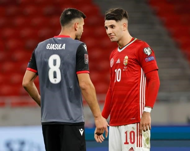 Dominik Szoboszlai of Hungary argues with Klaus Gjasula of Albania during the FIFA World Cup 2022 Qatar Qualifier match between Hungary and Albania...
