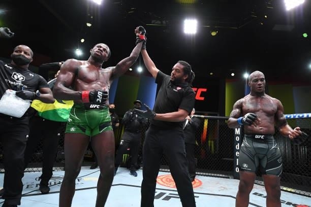 Randy Brown of Jamaica celebrates his victory over Jared Gooden in their welterweight bout during the UFC Fight Night event at UFC APEX on October...