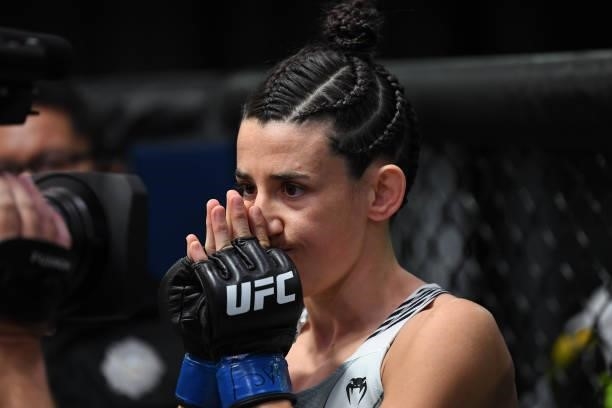 Marina Rodriguez of Brazil is introduced prior to her women's strawweight bout against Mackenzie Dern during the UFC Fight Night event at UFC APEX on...