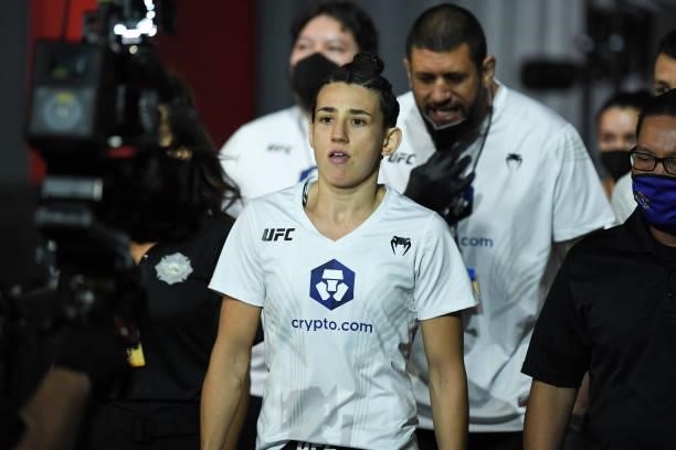 Marina Rodriguez of Brazil prepares to enter the Octagon prior to her women's strawweight bout against Mackenzie Dern during the UFC Fight Night...