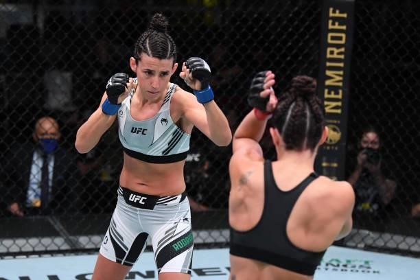 Marina Rodriguez of Brazil battles Mackenzie Dern in their women's strawweight bout during the UFC Fight Night event at UFC APEX on October 09, 2021...