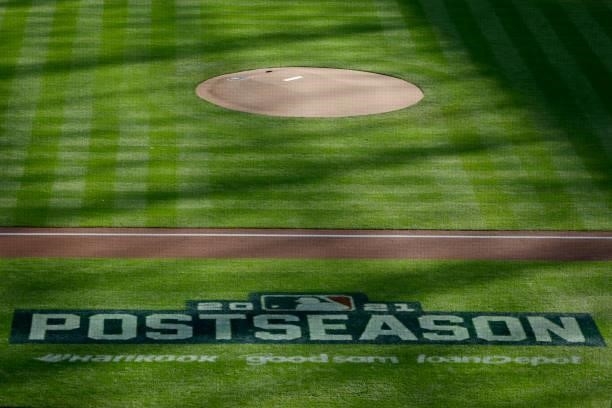 Post season logo on the field prior to game 2 of the National League Division Series between the Atlanta Braves and Milwaukee Brewers at American...