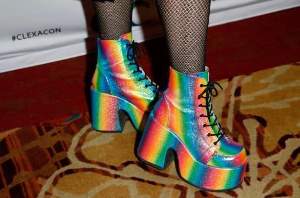 Actress Mary Chieffo, shoes detail, attends the ClexaCon 2021 convention at the Tropicana Las Vegas on October 09, 2021 in Las Vegas, Nevada.