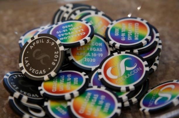 Clexacon collectable poker chips are displayed during the ClexaCon 2021 convention at the Tropicana Las Vegas on October 09, 2021 in Las Vegas,...