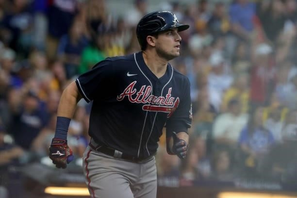 Austin Riley of the Atlanta Braves runs the bases after hitting a solo home run in the sixth inning during game 2 of the National League Division...