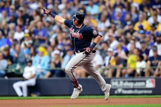 Austin Riley of the Atlanta Braves runs the bases after hitting a solo home run in the sixth inning during game 2 of the National League Division...