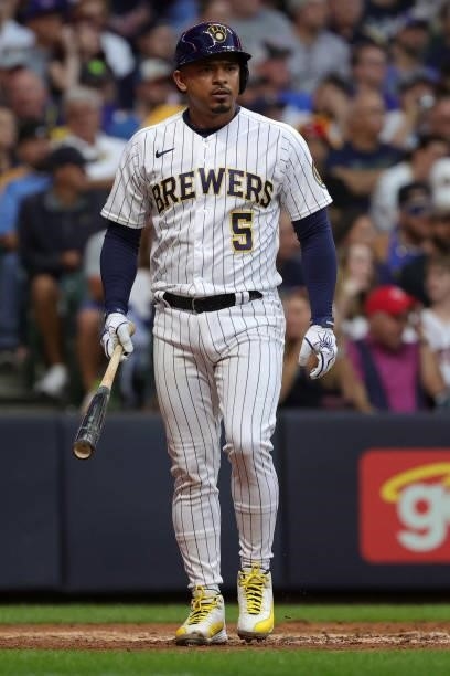 Eduardo Escobar of the Milwaukee Brewers reacts to striking out in the sixth inning during game 2 of the National League Division Series against the...