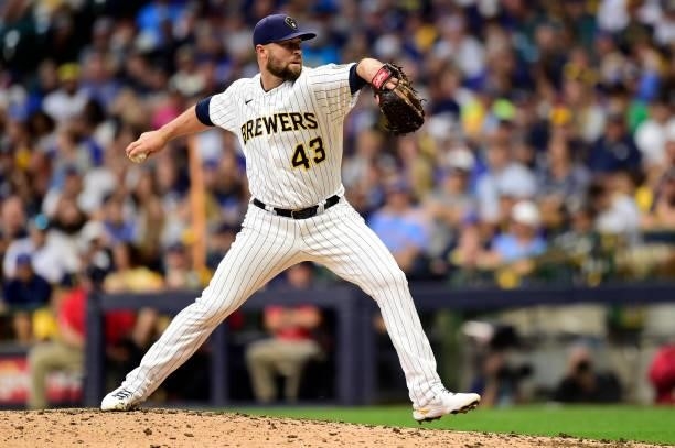 Hunter Strickland of the Milwaukee Brewers pitches in the seventh inning during game 2 of the National League Division Series against the Atlanta...