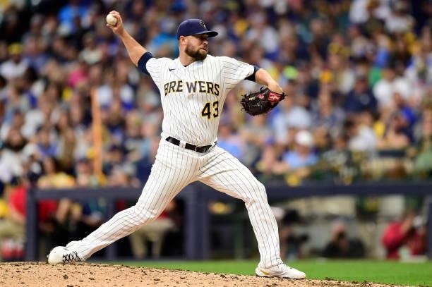 Hunter Strickland of the Milwaukee Brewers pitches in the seventh inning during game 2 of the National League Division Series against the Atlanta...