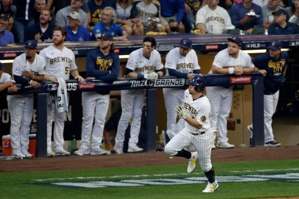 Willy Adames of the Milwaukee Brewers runs the bases after hitting a double in the sixth inning during game 2 of the National League Division Series...