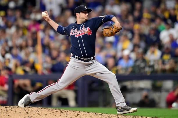 Luke Jackson of the Atlanta Braves pitches in the seventh inning during game 2 of the National League Division Series against the Milwaukee Brewers...