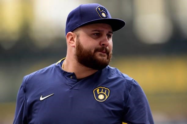 Rowdy Tellez of the Milwaukee Brewers on the field prior to game 2 of the National League Division Series against the Atlanta Braves at American...