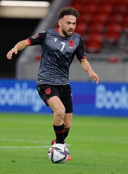 Keidi Bare of Albania controls the ball during the FIFA World Cup 2022 Qatar Qualifier match between Hungary and Albania at Puskas Arena on October...