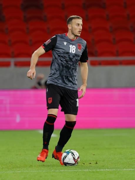 Ardian Ismajli of Albania controls the ball during the FIFA World Cup 2022 Qatar Qualifier match between Hungary and Albania at Puskas Arena on...