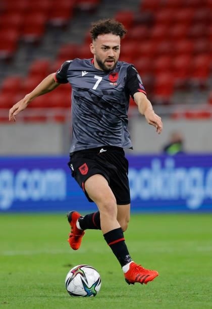 Keidi Bare of Albania controls the ball during the FIFA World Cup 2022 Qatar Qualifier match between Hungary and Albania at Puskas Arena on October...