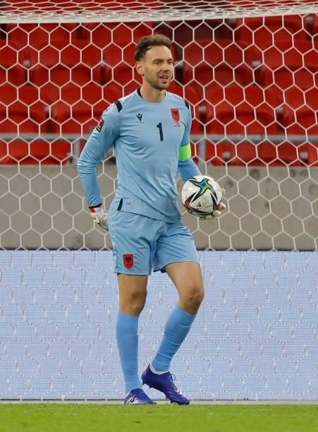 Etrit Berisha of Albania looks on during the FIFA World Cup 2022 Qatar Qualifier match between Hungary and Albania at Puskas Arena on October 9, 2021...