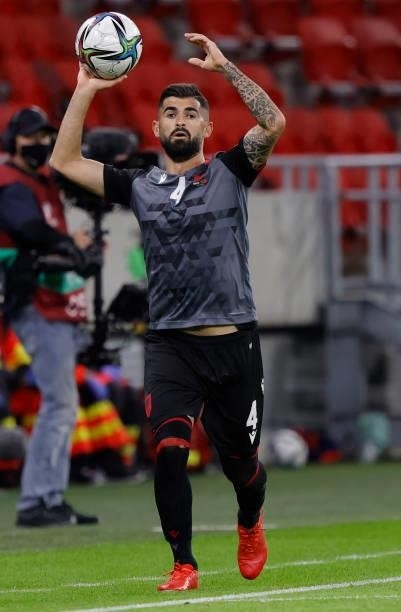 Elseid Hysaj of Albania throws in the ball during the FIFA World Cup 2022 Qatar Qualifier match between Hungary and Albania at Puskas Arena on...