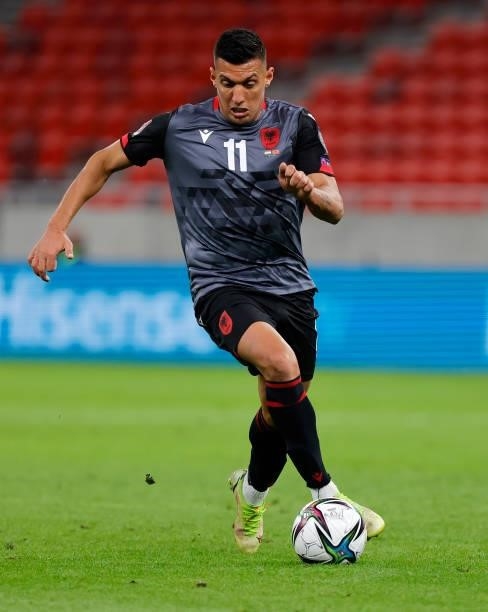 Myrto Uzuni of Albania runs with the ball during the FIFA World Cup 2022 Qatar Qualifier match between Hungary and Albania at Puskas Arena on October...