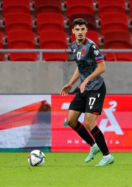 Armando Broja of Albania controls the ball during the FIFA World Cup 2022 Qatar Qualifier match between Hungary and Albania at Puskas Arena on...