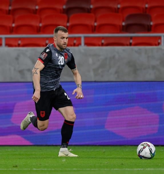 Lorenc Trashi of Albania controls the ball during the FIFA World Cup 2022 Qatar Qualifier match between Hungary and Albania at Puskas Arena on...