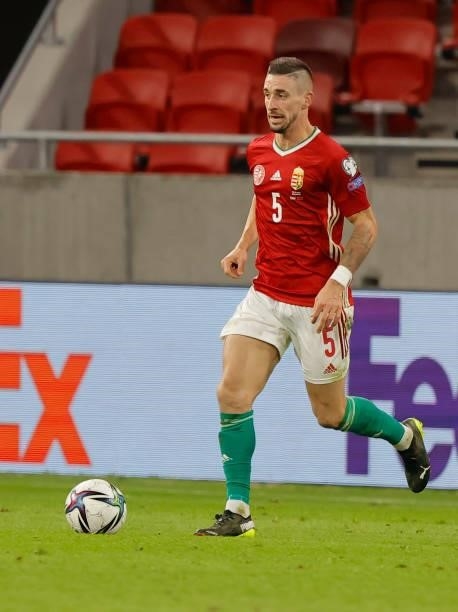 Zsolt Nagy of Hungary runs with the ball during the FIFA World Cup 2022 Qatar Qualifier match between Hungary and Albania at Puskas Arena on October...