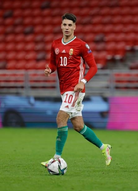 Dominik Szoboszlai of Hungary controls the ball during the FIFA World Cup 2022 Qatar Qualifier match between Hungary and Albania at Puskas Arena on...
