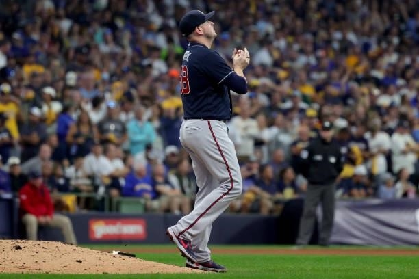 Tyler Matzek of the Atlanta Braves prepares to pitch in the seventh inning during game 2 of the National League Division Series against the Milwaukee...