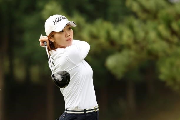 Rumi Yoshiba of Japan hits her tee shot on the 1st hole during the final round of the Stanley Ladies at Tomei Country Club on October 10, 2021 in...