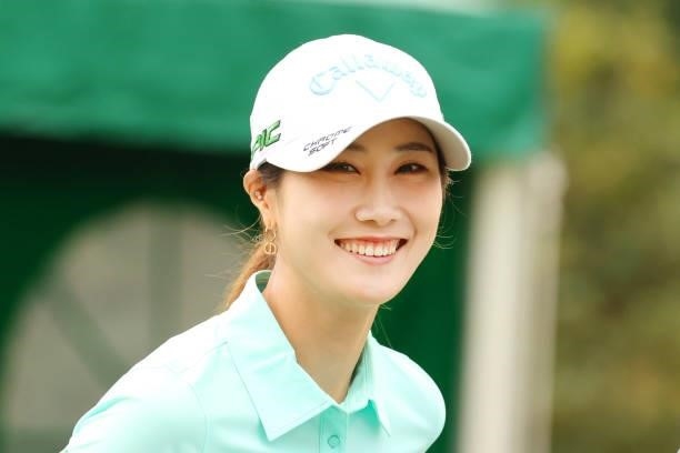 Ha-neul Kim of South Korea smiles on the 1st tee during the final round of the Stanley Ladies at Tomei Country Club on October 10, 2021 in Susono,...