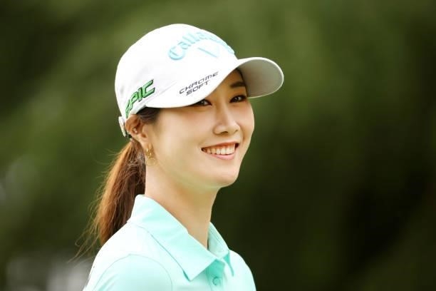 Ha-neul Kim of South Korea smiles on the 1st hole during the final round of the Stanley Ladies at Tomei Country Club on October 10, 2021 in Susono,...