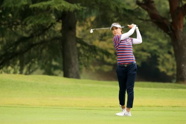 Mi-jeong Jeon of South Korea hits her second shot on the 1st hole during the final round of the Stanley Ladies at Tomei Country Club on October 10,...