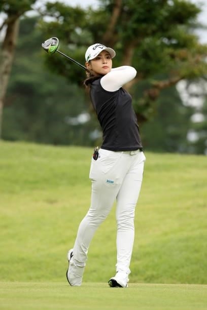 Asuka Kashiwabara of Japan hits her tee shot on the 2nd hole during the final round of the Stanley Ladies at Tomei Country Club on October 10, 2021...