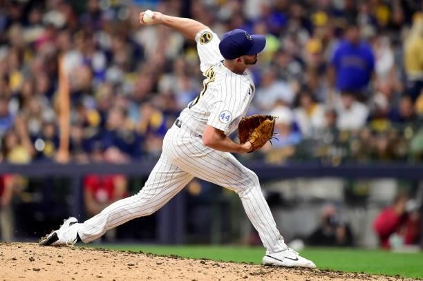 Aaron Ashby of the Milwaukee Brewers pitches in the eighth inning during game 2 of the National League Division Series against the Atlanta Braves at...