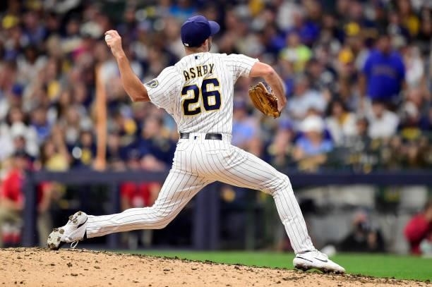Aaron Ashby of the Milwaukee Brewers pitches in the eighth inning during game 2 of the National League Division Series against the Atlanta Braves at...