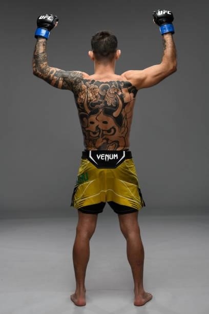 Matheus Nicolau of Brazil poses for a portrait backstage during the UFC Fight Night event at UFC APEX on October 09, 2021 in Las Vegas, Nevada.