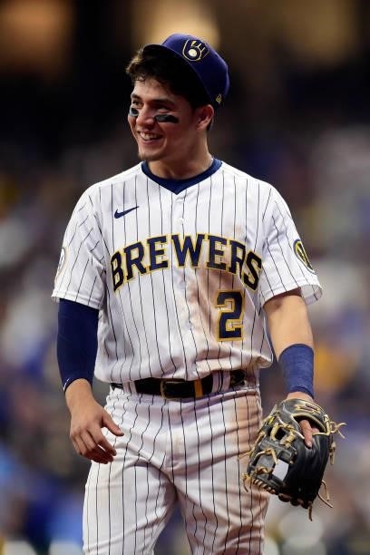 Luis Urias of the Milwaukee Brewers on the field in the eighth inning during game 2 of the National League Division Series against the Atlanta Braves...