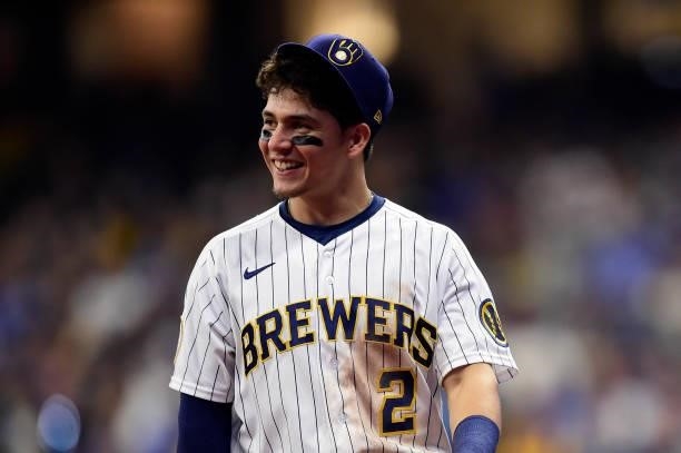 Luis Urias of the Milwaukee Brewers on the field in the eighth inning during game 2 of the National League Division Series against the Atlanta Braves...