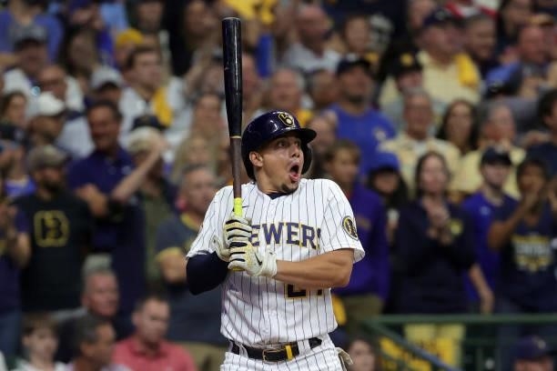 Willy Adames of the Milwaukee Brewers prepares for an at bat in the eighth inning during game 2 of the National League Division Series against the...