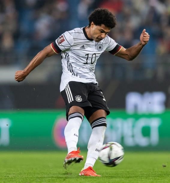 Leroy Sane of Germany takes a shot during the 2022 FIFA World Cup Qualifier match between Germany and Romania at Imtech Arena on October 08, 2021 in...